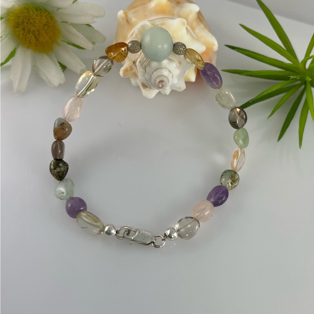 Sterling Silver Nugget Fluorite Beaded Bracelet 925